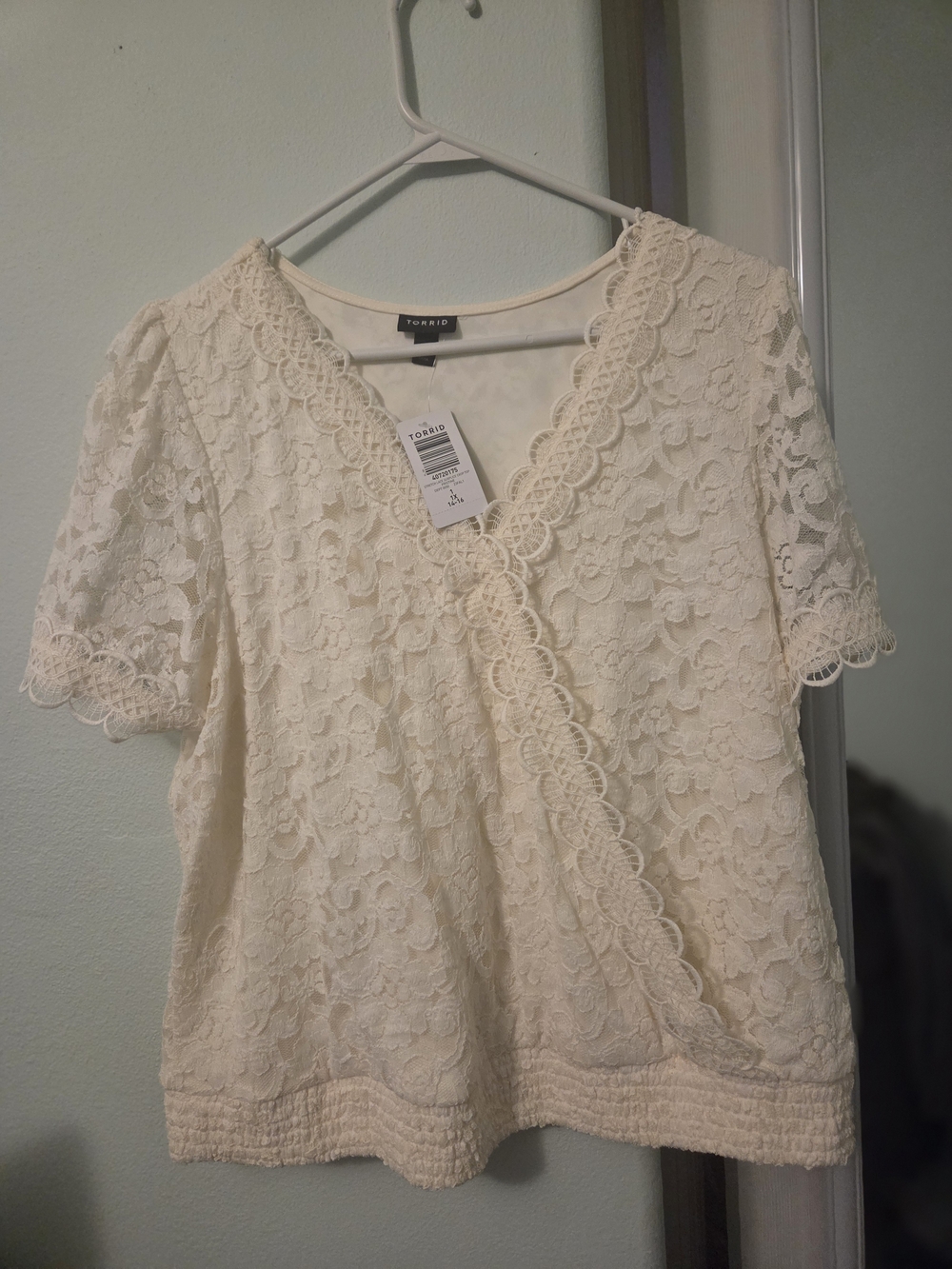 torrid Cream Lace Wrap-Front Short Sleeve Blouse